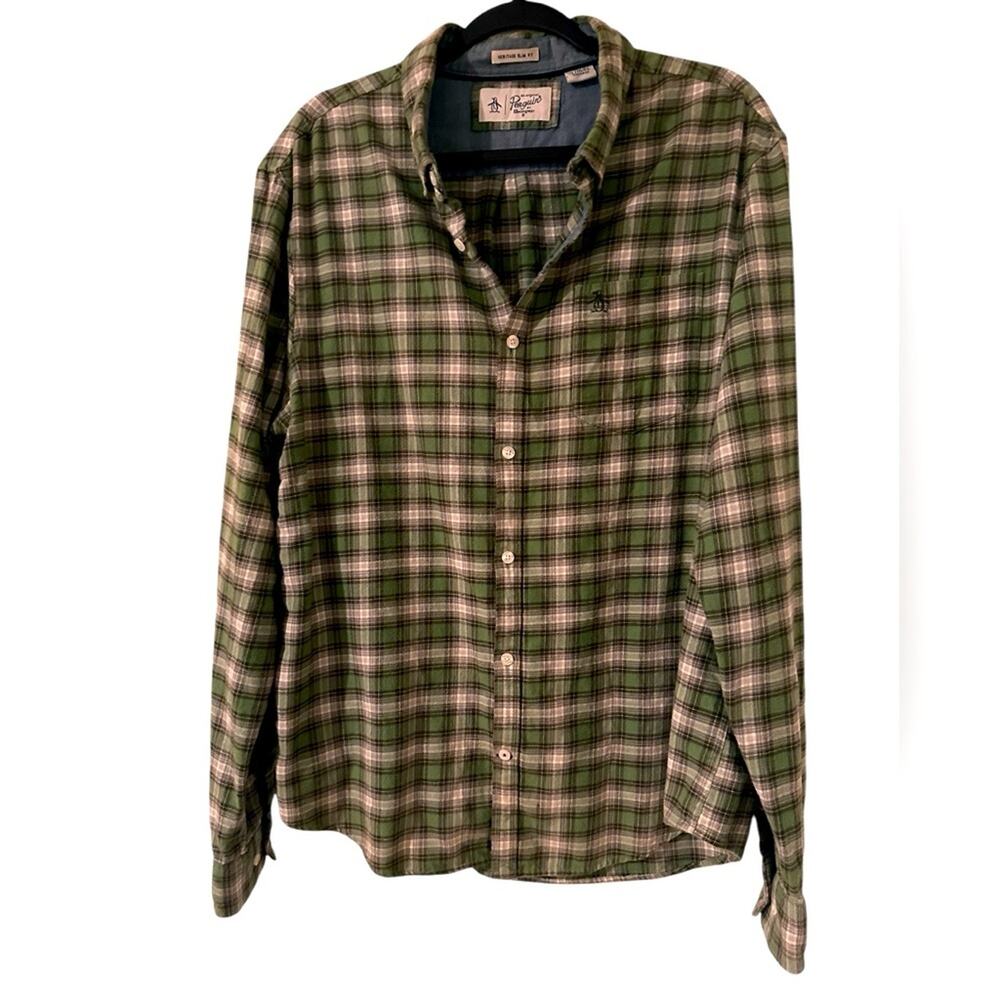 Original Penguin Men's Long Sleeve Heritage Slim Fit Plaid Flannel Shirt, XL